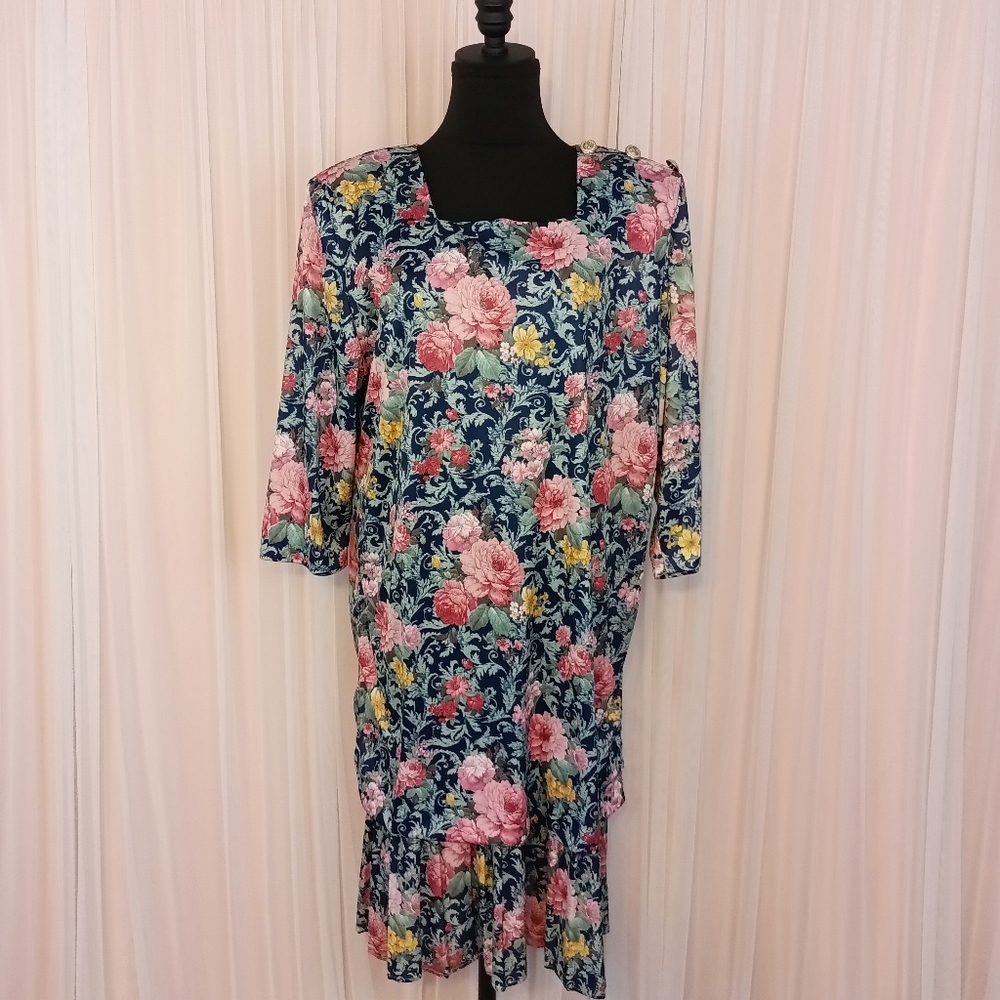 Vintage Floral Midi Dress - Blue and Pink